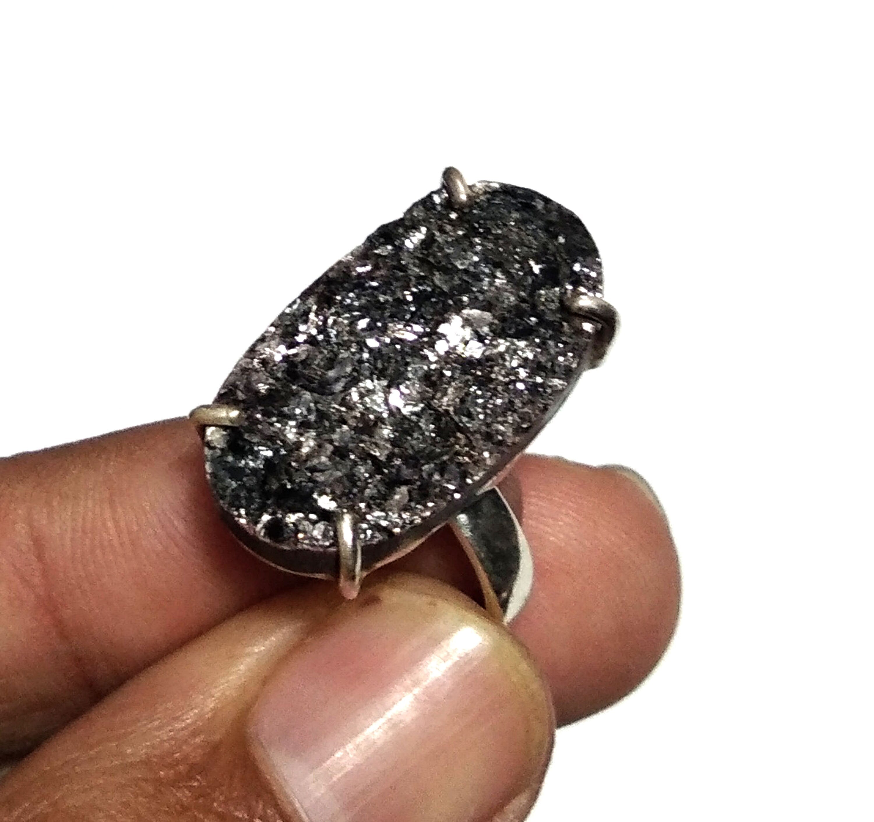 Black Silver Mica Druzy Gemstone Ring, 925 Solid Sterling Silver Ring, Black Druzy Stone Size 24x14 mm Handmade Ring, Gift Birthday Ring